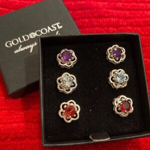 BIN 3 prs SILVER-tone AMETHYST Clear RUBY CZ Flower STUDS * Giftable * Thick